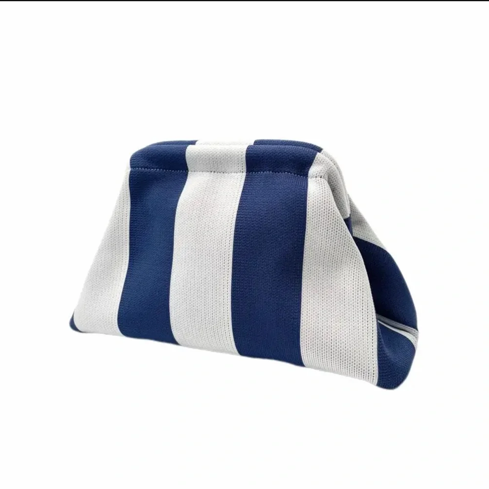 Striped Crochet Clutch Blue and White Cosmetic Bag Beach Bag Toiletry Knitted